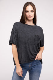 Women's Washed Ribbed Oversized Short Sleeve Round Neck Top