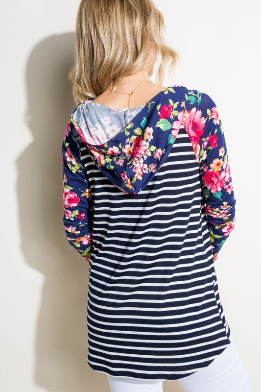 Women's Stripe Floral Mix Hoodie Top