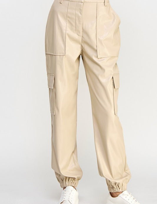 Women's Casual Loose Fit Vegan Leather Cargo Pants