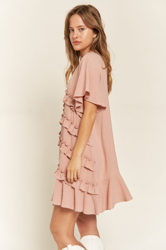 Women's Tiered Ruffle Mini Dress with Flare Sleeves