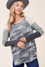 Women's Camouflage Color Block Long Sleeve Top