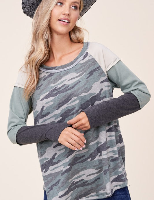 Women's Camouflage Color Block Long Sleeve Top