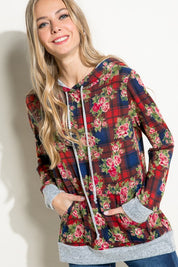 Women's Casual Plaid Floral Mix Hoodie Sweatshirt