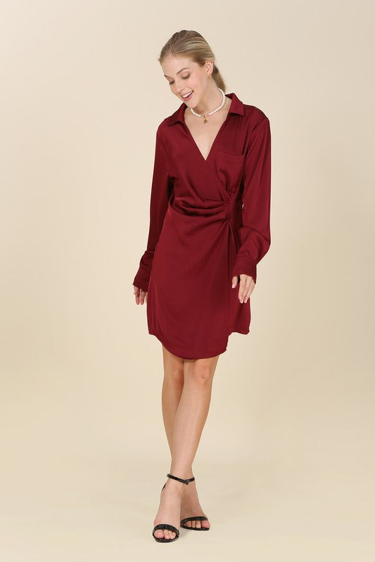 Women's Satin Collared Wrap Mini Dress in Wine and Sage