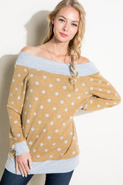 Plus Size Off Shoulder Polka Dot Long Sleeve Top