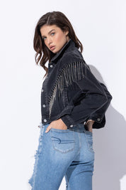 Women's Loose Fit Crop Denim Jacket with Rhinestone Fringe