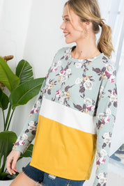 Women's Loose Fit Floral Colorblock Long Sleeve Top