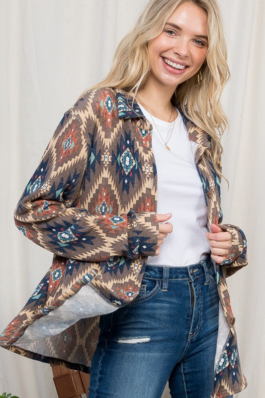 Women's Plus Oversized Fuzzy Aztec Button Down Shacket