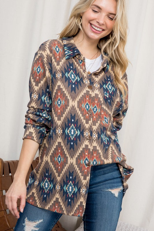 Women's Plus Oversized Fuzzy Aztec Button Down Shacket