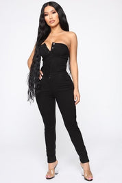 Women's Cropped Black Denim Jumpsuit