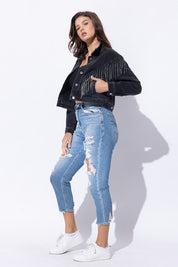 Women's Loose Fit Crop Denim Jacket with Rhinestone Fringe