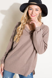 Women's Solid Waffle V Neck High Low Boxy Top