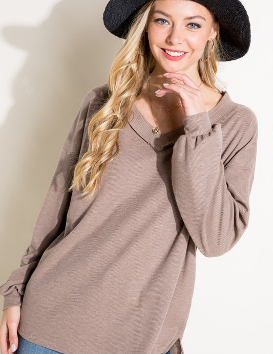 Women's Solid Waffle V Neck High Low Boxy Top