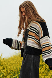 Women's Relaxed Fit Chunky Knit Multi-Striped Cardigan