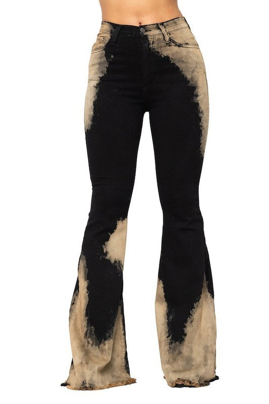 Women's High Rise Flare Jeans with Bleach Detail