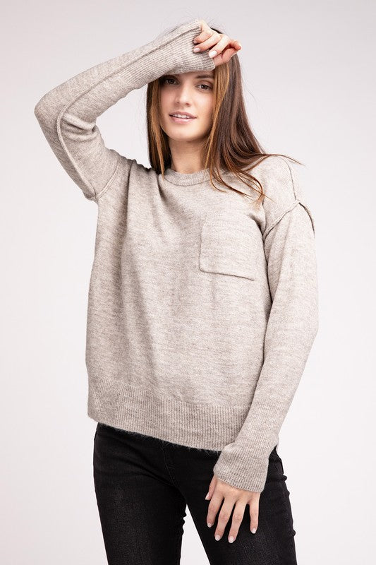 Women's Casual Melange Hi-Low Hem Round Neck Sweater