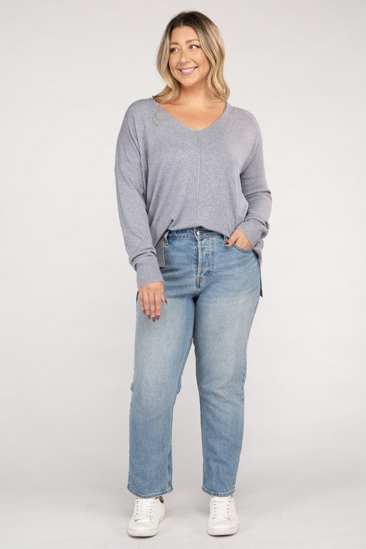 Women's Plus Oversized V-Neck Garment Dyed Sweater