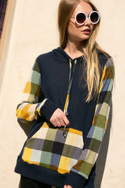 Women's Casual Loose Fit Plaid Mixed Hoodie Sweatshirt