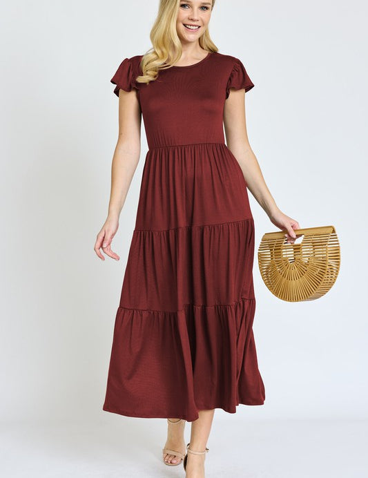 Women's Flutter Sleeve Tiered Tea Length Dress