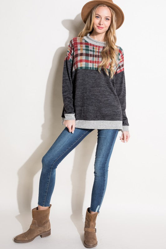 Women's Casual Loose Fit Mock Neck Plaid Top