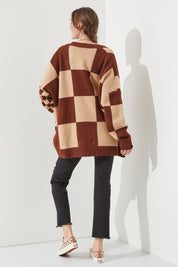 Women's Checkered Oversized Sweater with Button Closure