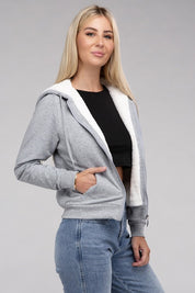 Fuzzy Trim Zip-Up Crop Hoodie