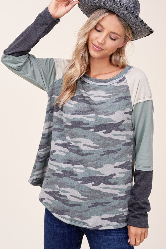 Women's Camouflage Color Block Long Sleeve Top