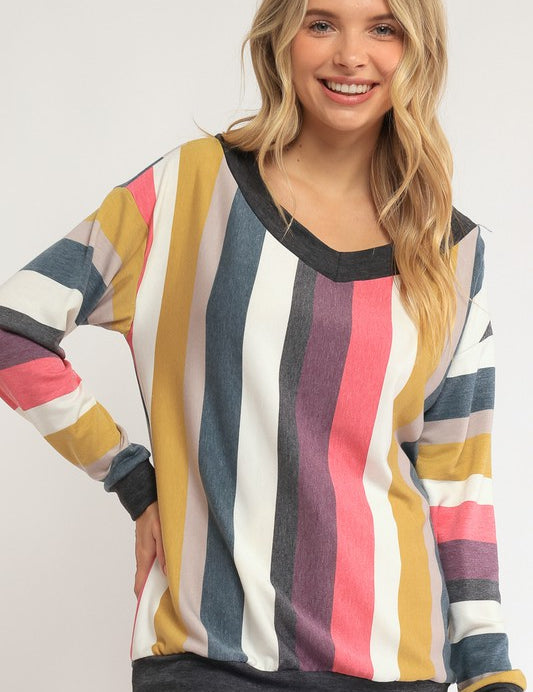 Women's Loose Fit Wide V Neck Stripe Sweatshirt