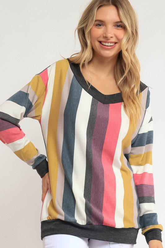 Women's Loose Fit Wide V Neck Stripe Sweatshirt