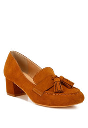 Women's Casual Genuine Suede Block Heel Loafers with Tassels