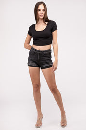 Women's Fitted Washed Black Cuffed Denim Shorts