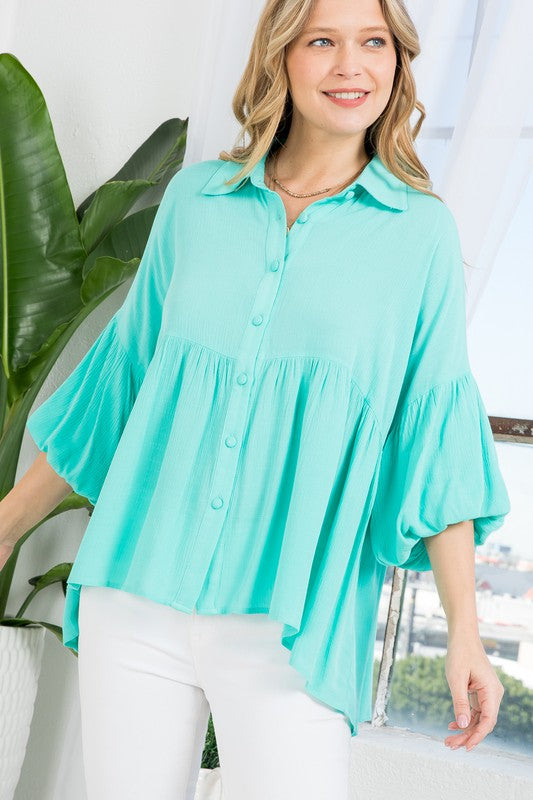 Women's Casual Solid Button Down Babydoll Blouse