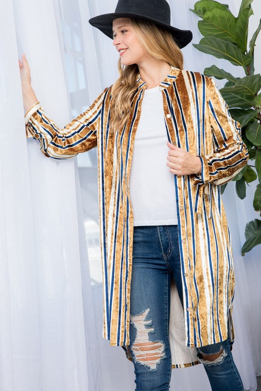 Women's Casual Stripe Velvet Long Cardigan