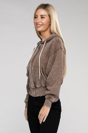 Women's Relaxed Fit Acid Wash Fleece Cropped Zip-Up Hoodie