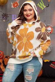 Women's Plus Size Knitted Floral Drawstring Hooded Sweater