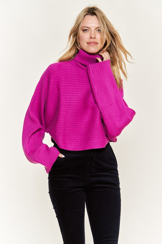 Women's Mock Neck Ribbed Sweater with Wide Sleeves