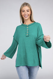 Women's Casual Ribbed Henley Sweater with Bell Sleeves