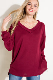 Women's Solid Waffle V Neck High Low Boxy Top