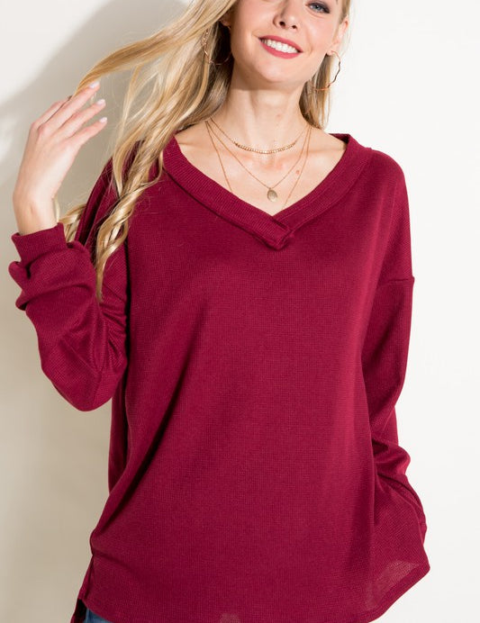 Women's Solid Waffle V Neck High Low Boxy Top