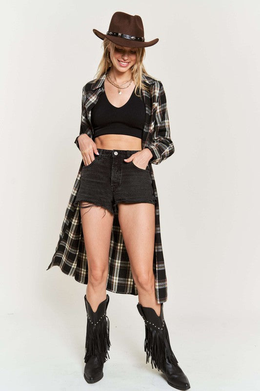 Women's Belted Plaid Print Long Shirt Dress