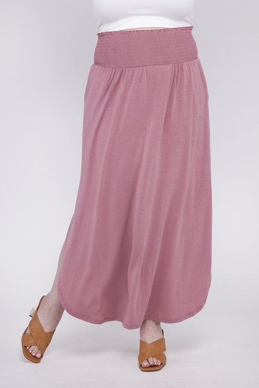 Women's Plus Relaxed Fit Smocked Waist Maxi Skirt with Pockets