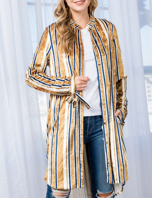 Women's Casual Stripe Velvet Long Cardigan