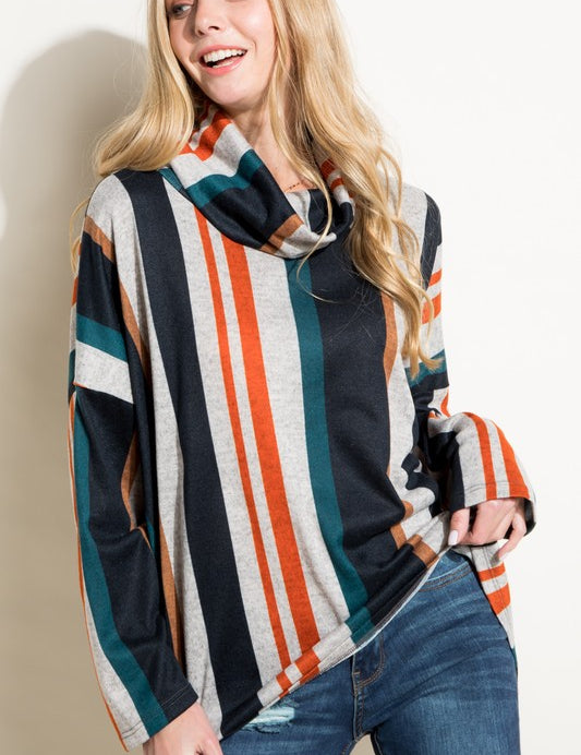 Women's Oversized Multi Stripe Turtle Neck Long Sleeve Top