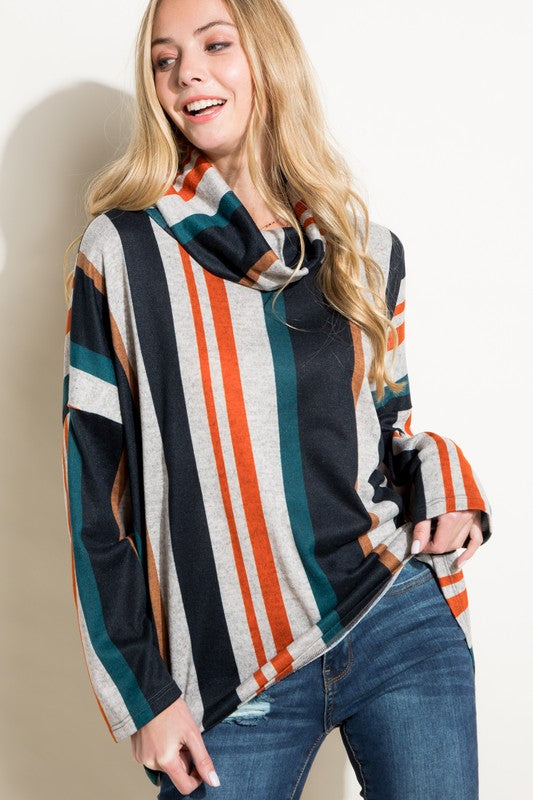 Women's Oversized Multi Stripe Turtle Neck Long Sleeve Top