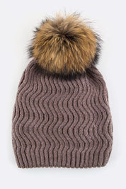 Women's Chevron Knit Beanie with Detachable Raccoon Fur PomPom