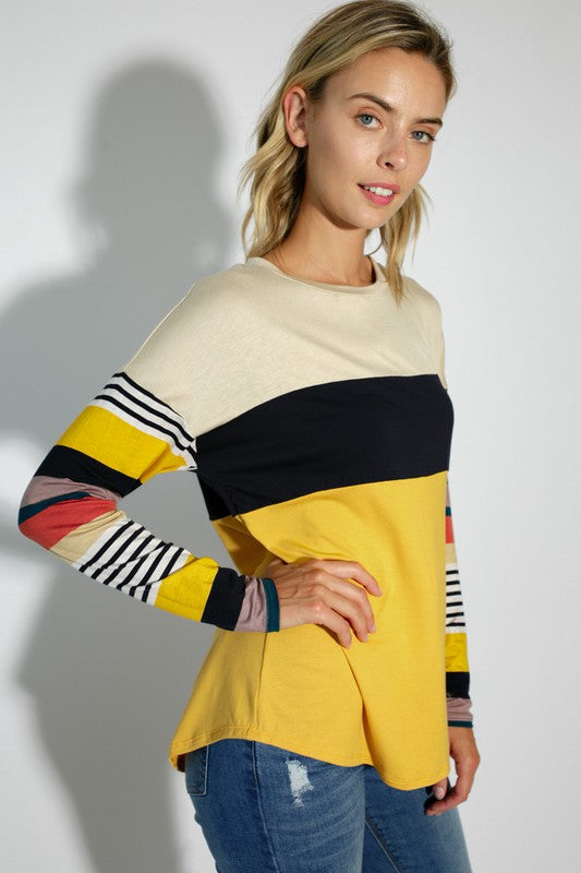 Women's Casual Stripe and Solid Mixed Round Neck Long Sleeve Top