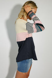 Women's Casual Stripe and Solid Mixed Round Neck Long Sleeve Top