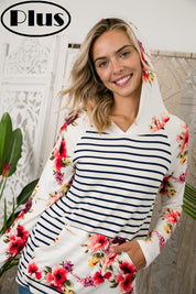 Women's Casual Stripe Floral Print Hoodie Plus Top