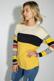 Women's Casual Stripe and Solid Mixed Round Neck Long Sleeve Top