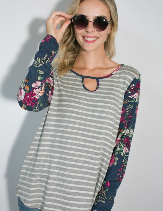 Women's Casual Stripe and Floral Long Sleeve Tunic Top